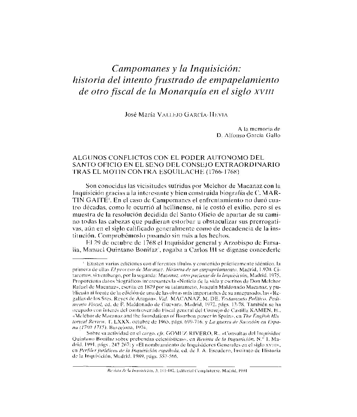 Vallejo. Campomanes y la Inquisición