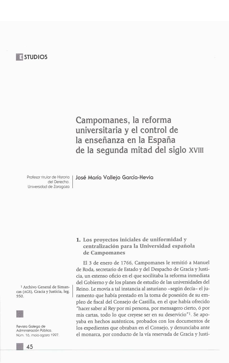 Vallejo. Campomanes y las Universidades